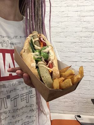 hot-dog with seitan sausages  at Vegan Piramida - Веган Пирамида in St Petersburg