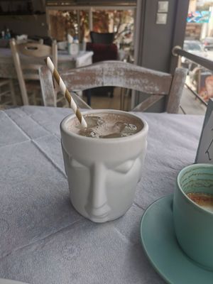 Lemon juice - waitress knowing I'm vegan double checked with me regarding replacing honey with sugar. Side note: Without sugar hardly drinkable 😝 at Sweet Revenge in Zakinthos