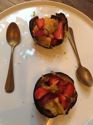 Desert: orange filled with strawberies  at Ko doma in Hvar