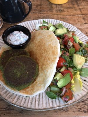 BROADBEAN & CHICKPEA VEGAN FALAFEL KEBAB
fresh flatbread with coconut mint yoghurt dip and salad at The Tuning Fork  in Rugby