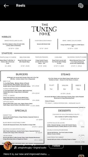 Most recent dinner menu (Feb 2025) at The Tuning Fork  in Rugby