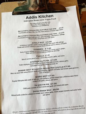Today’s menu at Addis Kitchen in South East London