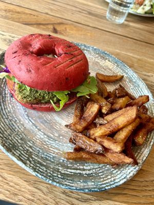 Falafel beetroot bagel with vegan pestoo  at Kafe Kaspar in Torshavn