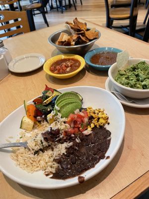 Veggie burrito bowl and vegan guacamole   at Blue Mesa Grill in Plano