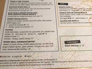 Gluten free, vegetarian, and vegan options listed at the bottom at Blue Mesa Grill in Plano