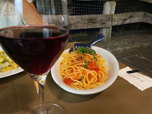 Gluten free spaghetti with fresh cherry tomato sauce and basil at Al Passante in Cagli