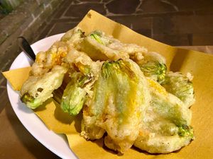 Fried zucchini flowers with rice flour tempura (gluten free) at Al Passante in Cagli