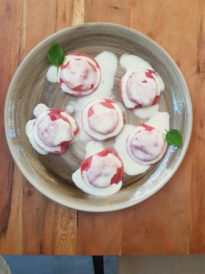 Vegan beetroot pasta stuffed with chickpeas! One of our favourite dishes! at The Yard in Parga