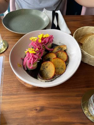 Black acuachile heart of palm ceviche and tostada   at La Bartola in Toronto