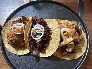 Tacos - middle one is  braised hibiscus   at La Bartola in Toronto