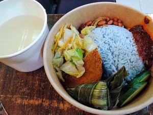 Nasi Lemak with Pandan chicken, cabbage, mock fish, Ikan bilis, peanut and sambal chilli at Pine Tree Cafe 长春树 - Fortune Centre in Central Singapore