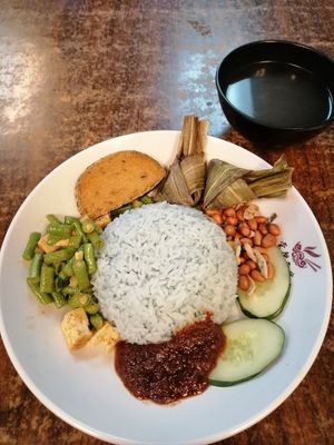 Nasi Lemak with hot soup. $5.50 at Pine Tree Cafe 长春树 - Fortune Centre in Central Singapore