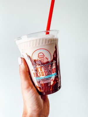 Vegan shake with choc syrup drizzle at Ye Ole Fashioned Ice Cream & Sandwich Cafe in Summerville