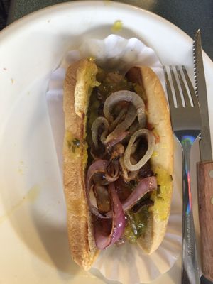 Impossible sausage with grilled onions, relish, ketchup, and mustard at Ye Ole Fashioned Ice Cream & Sandwich Cafe in Summerville