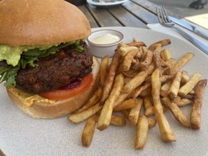 Crispy tasty patty flavoured well with a hint of curry spices. Fries were fantastic   at The Rabbit Hole in Wynnum