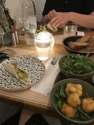 Sides - cauliflower flower, side salad and the other vegan option bean tacos  at Bepa in Split
