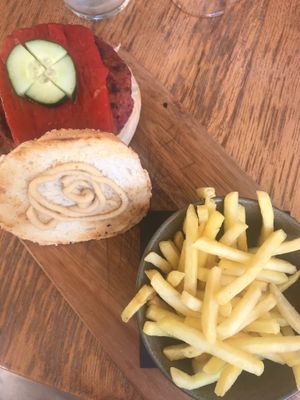 The vegetarian burger that is (to me) vegan as well except for the bread. Can probably be made vegan when asked (very friendly staff) at Bepa in Split