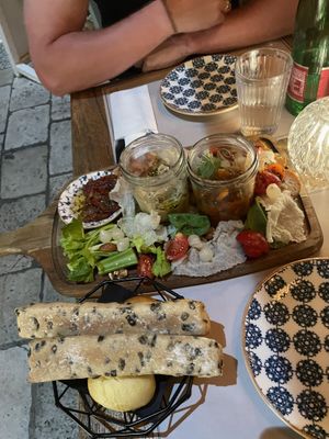 Vegan sharing platter came with bruschettas, breads, sesame hummus, salsa, nuts and salad   at Bepa in Split