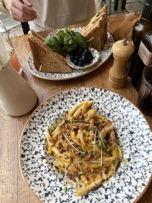 Pumpkin & tahini pasta and ‘vegan’ club sandwich which they actually put egg in much to our dismay   at Bepa in Split