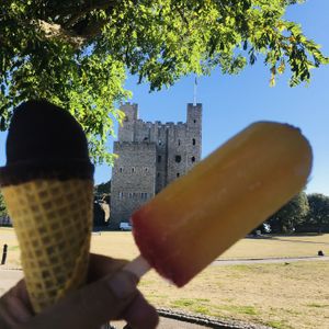 Refreshing Lick-a-Lix citrus lolly or Swedish Glacé vegan ice cream cone....yum  at Rochester Castle Kiosk in Rochester