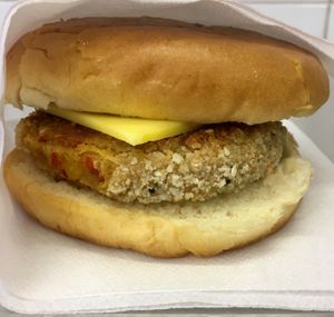 A little spicy, and really tasty. We sell as a veggi burger but they are vegan. If you are vegan and want this burger just tell the staff and they will put In the appropriate bun.  at Rochester Castle Kiosk in Rochester