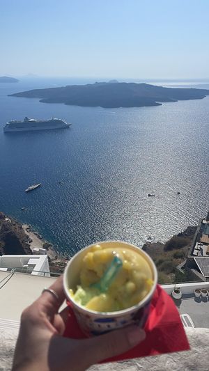 Stroll down the lanes for a view whilst you eat!  at Gelateria Zotos in Santorini