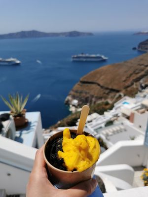 Black coconut and mango gelato at Gelateria Zotos in Santorini
