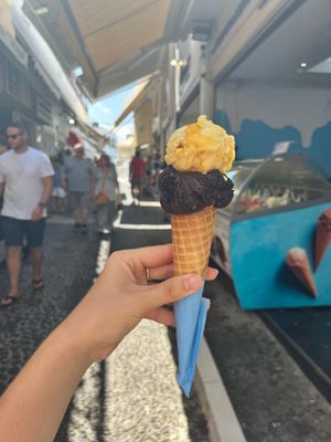 Bitter Chocolate and Passionfruit with vegan cone at Gelateria Zotos in Santorini