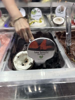 Lava Santorini dark chocolate and coconut  at Gelateria Zotos in Santorini