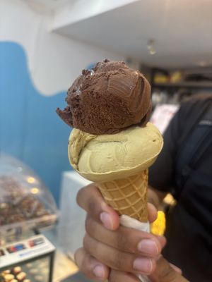 Pistachio and dark chocolate   at Gelateria Zotos in Santorini