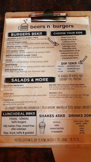 Menue at Beers n Burgers in Karlskoga