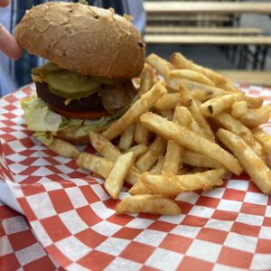 Classic Rock Cheeseburger + Fries  at Brass Monkey Local in St Catharines