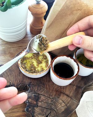 Appetizers: crispy bread, olive oil, balsamic vinegar and olive paste at Mediterraneo by the Sea in Paphos