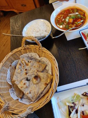 Roti, basmati rice and sweet and sour vegetables (all vegan) at Tiger on The Wall in Inverness