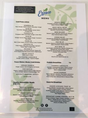 Menu 1/2 at Essence Natural  in Vaughan