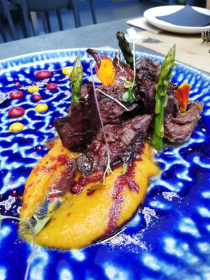 Heura al vi negre sobre puré de carbassa at Aromatic Restaurant in Altafulla