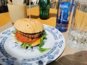 Vegan burger with gluten free bread at Cafe Carrilana in Santiago De Compostela