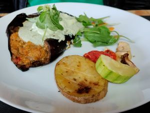 Stuffed eggplant with a delicious dill cream at La Cuina d'Adel in Valencia