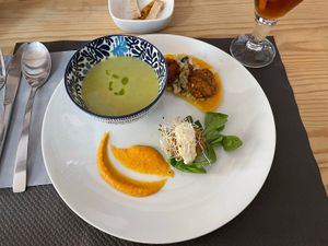 Starters: Zucchini soup, falafel tacos, hummus, croqueta  at La Cuina d'Adel in Valencia