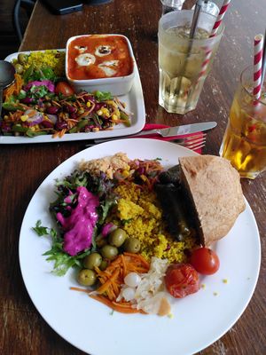 Mezze and gnocchi (left) with ice tea at Kyffin Cafe Deli in Bangor