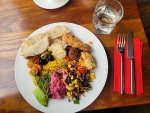 Vegan Mezze and Tap Water at Kyffin Cafe Deli in Bangor