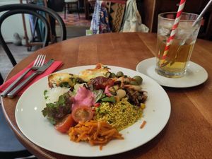 Baked Egg with cucumber mint Ice Tea at Kyffin Cafe Deli in Bangor