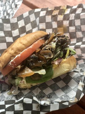 Smash burger with added onions and mushrooms  at The Hwy Cafe in Pemberton