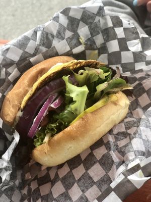 Smash burger with added cheese at The Hwy Cafe in Pemberton