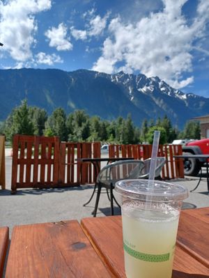 View from our seat! (And my lemonade.) at The Hwy Cafe in Pemberton