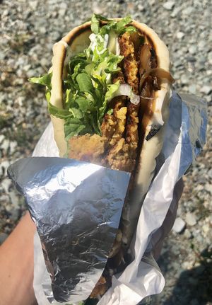 Either the falafel or the buffalo chick’n, can’t remember because I ate both! at The Hwy Cafe in Pemberton