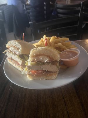 Angry vegan chick’n sandwich. My husband enjoyed adding hot sauce for an extra kick!  at The Green Pig Pub in Salt Lake City
