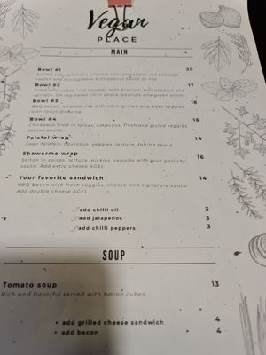 Food menu at Vegan Place in Tbilisi