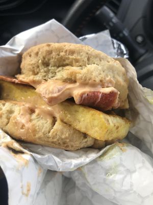 Breakfast sandwich with “bacon" at Little Barn Coffee House in Los Angeles