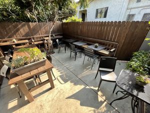 Lots of seating behind restaurant at Little Barn Coffee House in Los Angeles